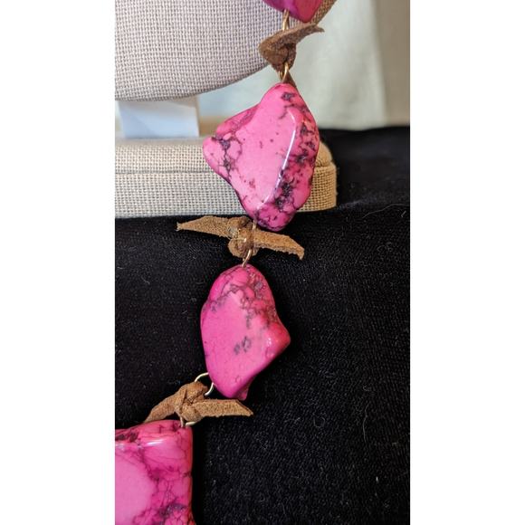 Pink Dyed Stone Necklace Strung Together w/ Rawhide Signed W - Picture 5 of 7